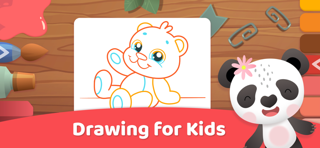 Baby Games for Kids - Babymals - Una actividad de dibujo digital para niños con un lindo panda de dibujos animados y un boceto de oso para colorear
