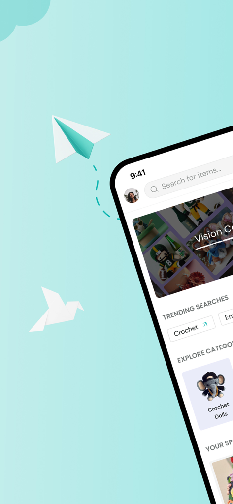 Tedooo - A smartphone screen displaying the Tedooo app search bar and craft categories like crochet