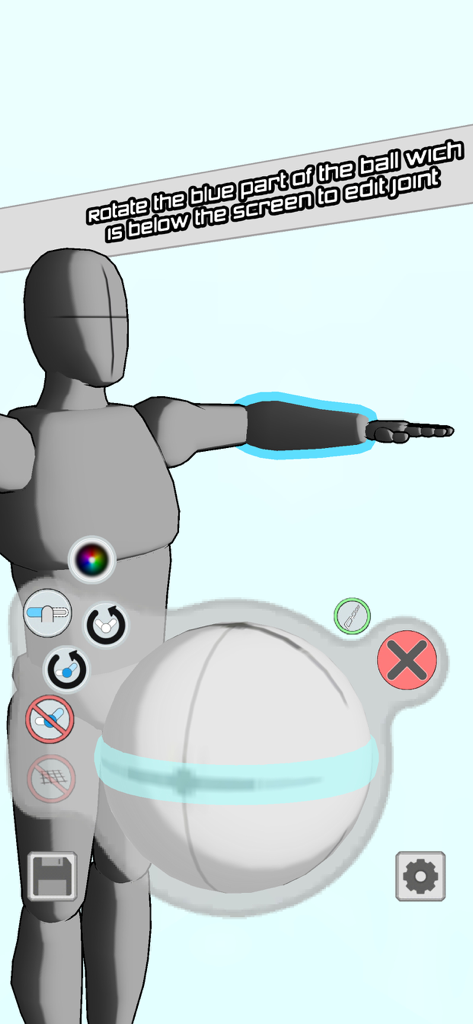 Make A Pose - Interface of the Make A Pose app showing 3D mannequin joint editing with a rotation ball controller.