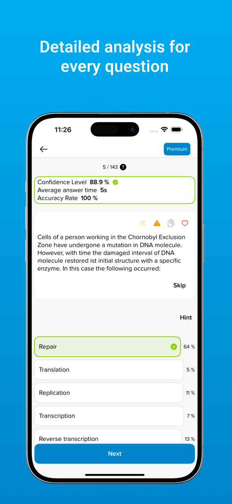 Krok: Testing - Krok Testing app screen showing detailed analysis and metrics for a medical exam question