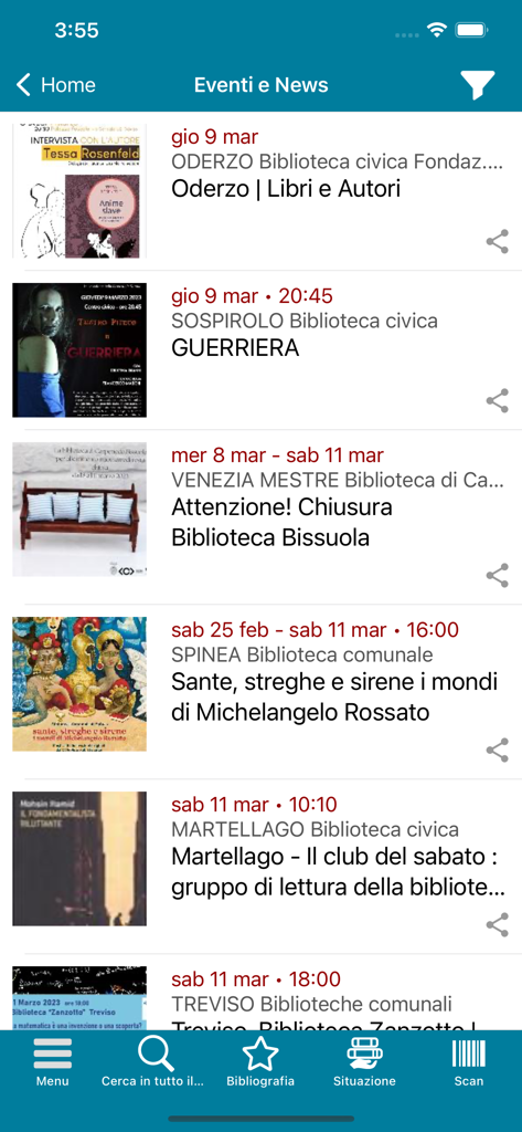 BinP - Una lista de eventos y noticias de la biblioteca en la aplicación BinP que muestra diversas actividades en las bibliotecas del Véneto.