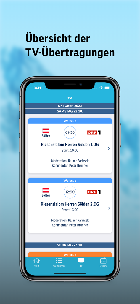 Mobile screen showing the TV broadcast schedule for Alpine Ski World Cup races on the ORF Ski Alpin app