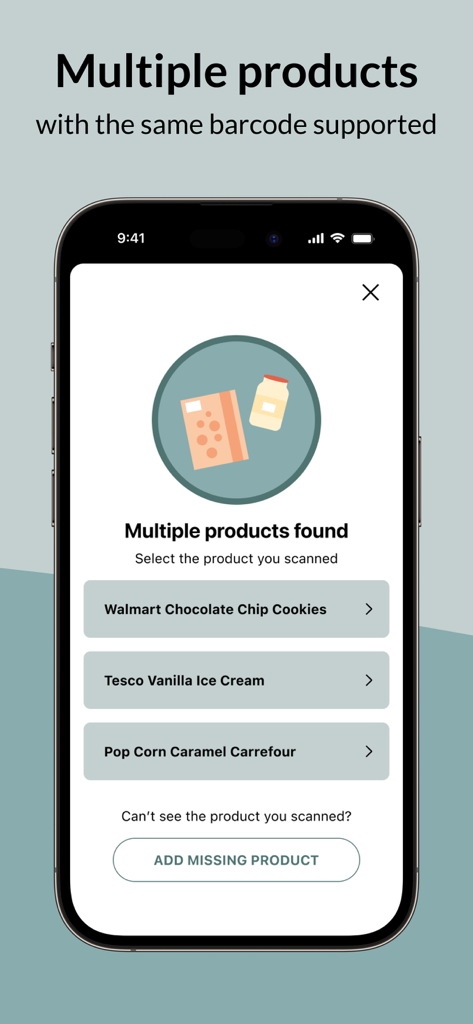 Gluten Free Scanner - A mobile app screen displaying multiple food product options found after scanning a single barcode with the Gluten Free Scanner app.