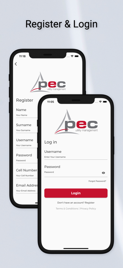 Registration and login screens for the PEC Utility Management mobile application
