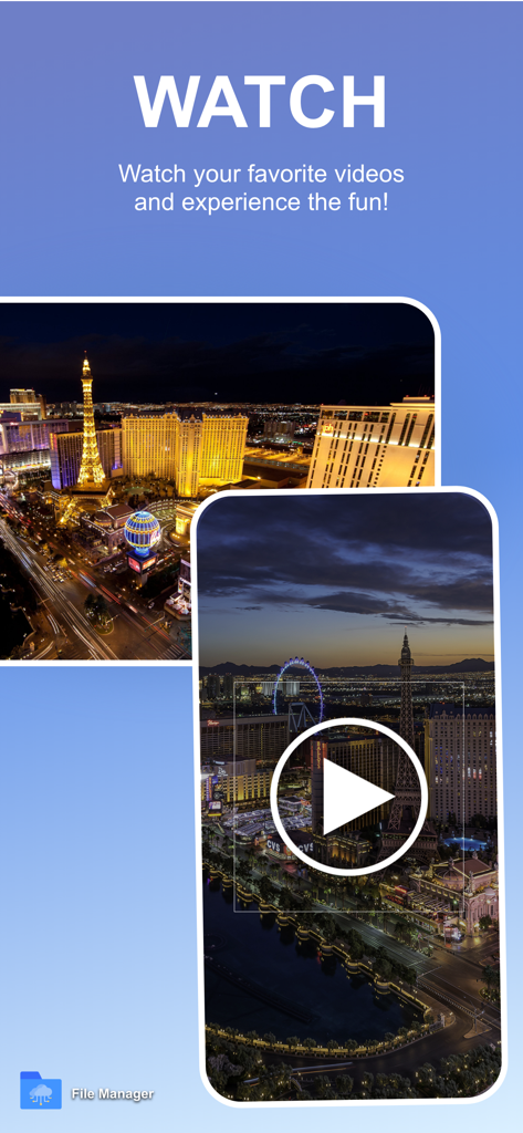 File Manager app interface highlighting the video playback feature with a night city view