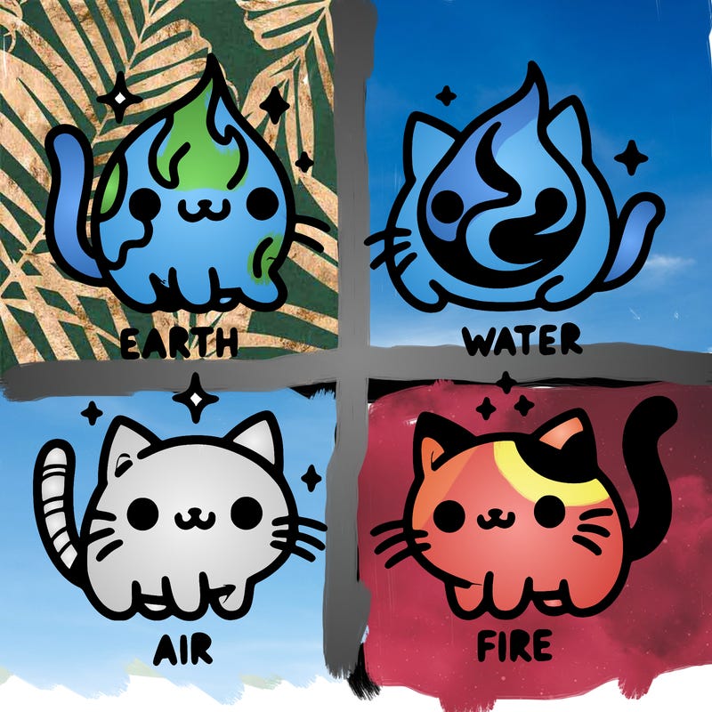 4 cats that represent the different elements, earth, water, air, and fire