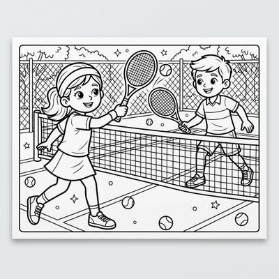 Ready for an exciting match? This delightful coloring page features two cheerful junior tennis players actively engaged in a fun game. It's the perfect way for young sports enthusiasts to bring their love for tennis to life with vibrant colors.