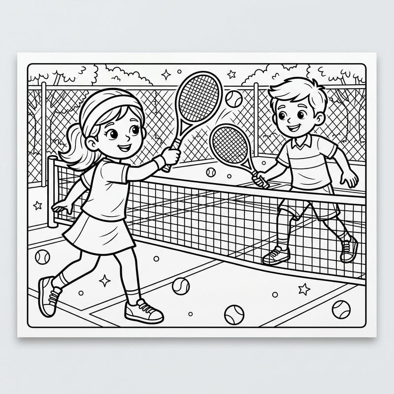 Ready for an exciting match? This delightful coloring page features two cheerful junior tennis players actively engaged in a fun game. It's the perfect way for young sports enthusiasts to bring their love for tennis to life with vibrant colors.