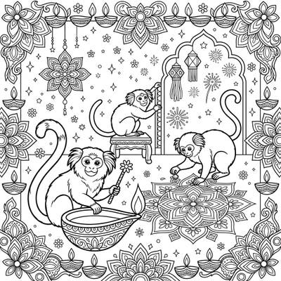 Discover the joy of Diwali with this charming coloring page featuring three playful marmosets. Immerse yourself in a scene filled with traditional decorations, from glowing diyas to intricate rangoli.