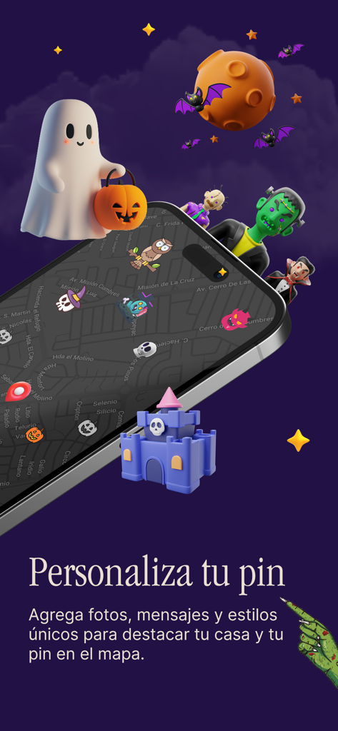 Dulce Halloween - A smartphone showing a map with Halloween themed pins surrounded by a cute ghost and classic monsters like Frankenstein and a vampire.