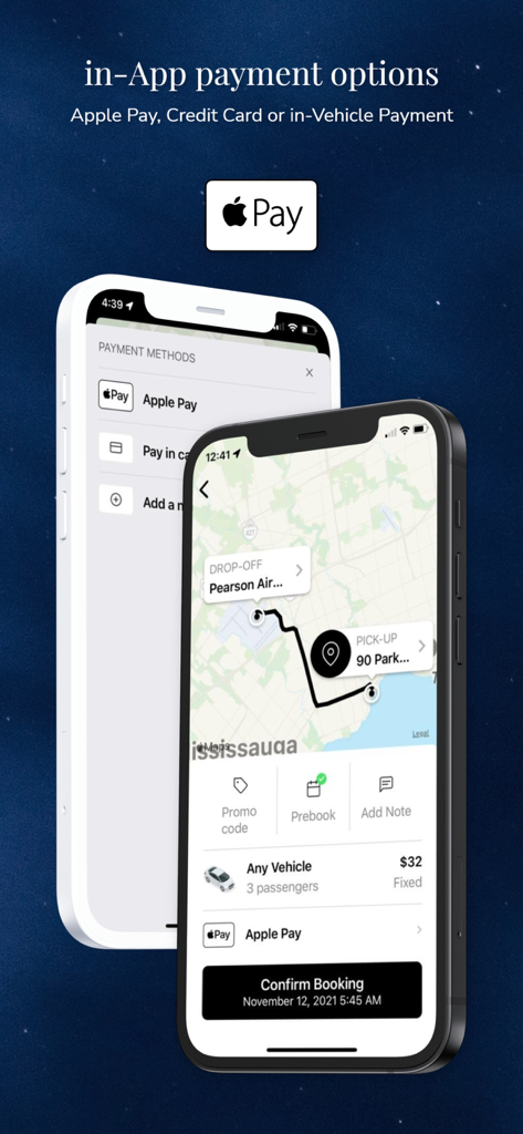 Aeroport Taxi & Limo Service - Aeroport Taxi and Limo app interface showing in-app payment options and fixed rate booking for Pearson Airport