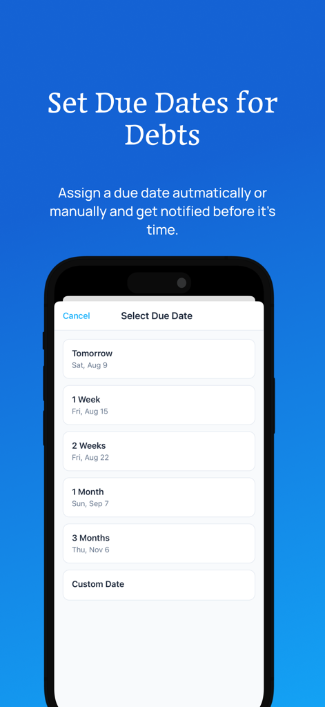 MyMoney: Budget & Expenses App - Interface of the MyMoney app showing options to set due dates and reminders for debts