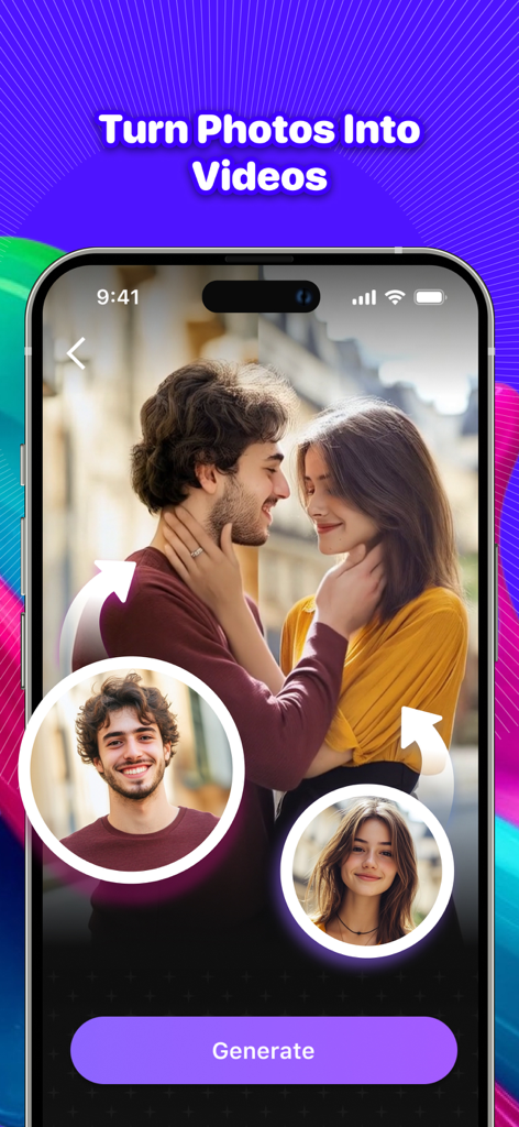 ArtFlow-AI Video Image Maker - ArtFlow AI app interface showing a feature that turns individual portrait photos into a video of a couple