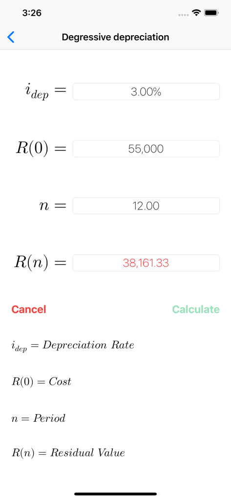 FinCalcPro Financial Solver - FinCalcPro app interface showing a degressive depreciation calculation with input fields and a red residual value result