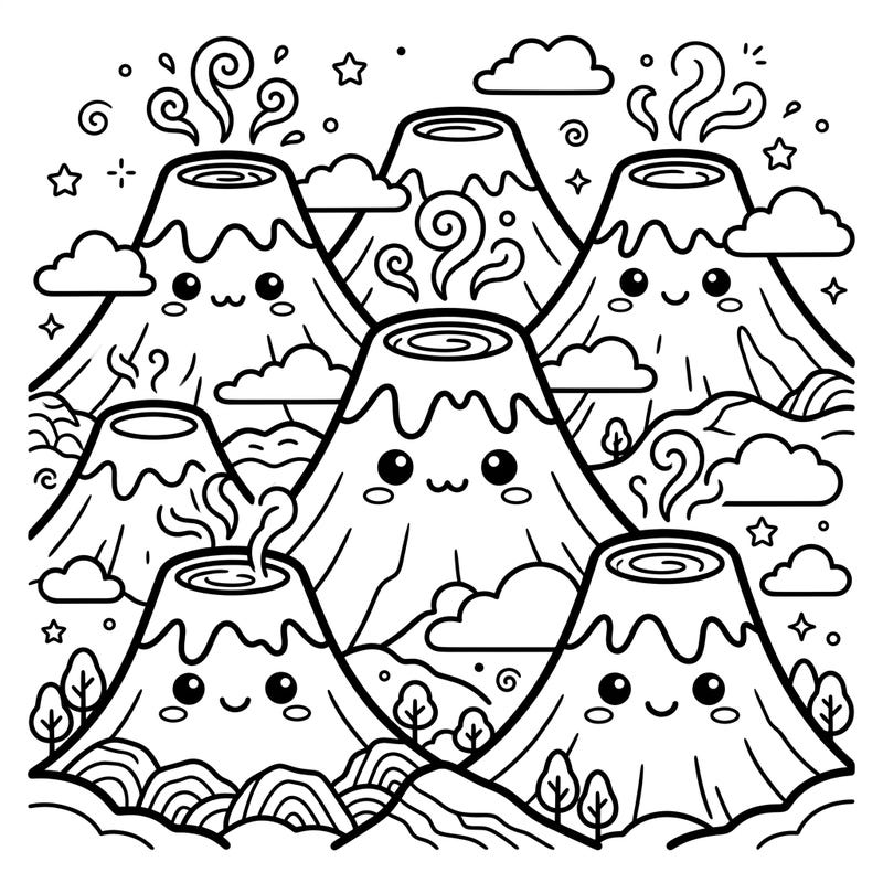 Dive into a world of cuteness with our Kawaii Extinct Volcanoes coloring page! These adorable, dormant mountains are ready for your vibrant imagination to bring them to life.