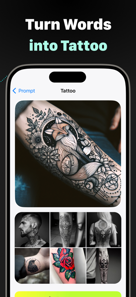 Tattoo AIアプリのインターフェースに、テキストから生成されたカスタムキツネのタトゥーデザインが表示されている。