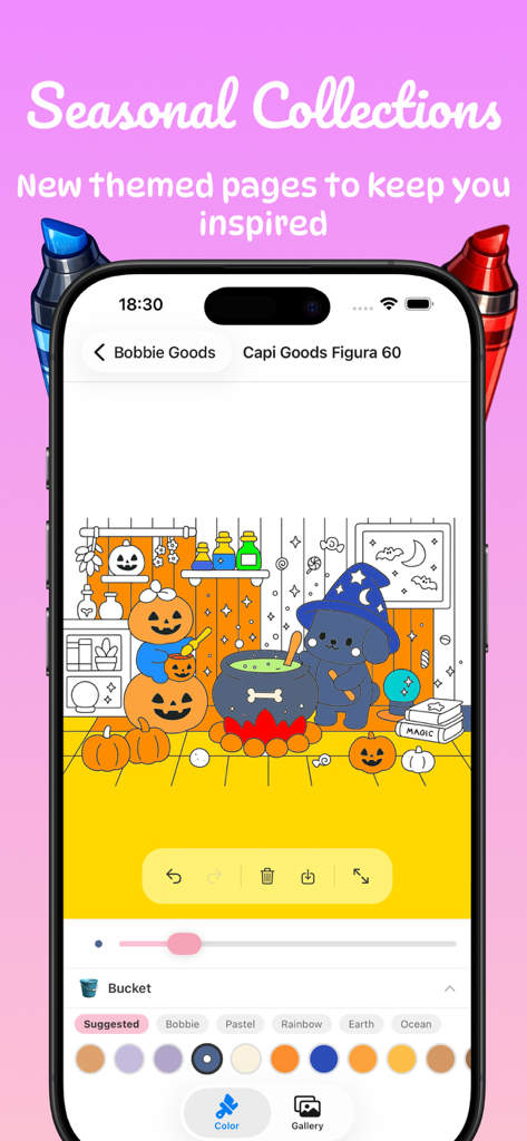 Bobbie Goods: Coloring Book! - Halloween themed coloring page in the Bobbie Goods app featuring a cute wizard dog and pumpkins.