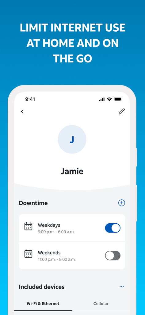 Parental control screen in AT&T Smart Home Manager for setting internet downtime schedules