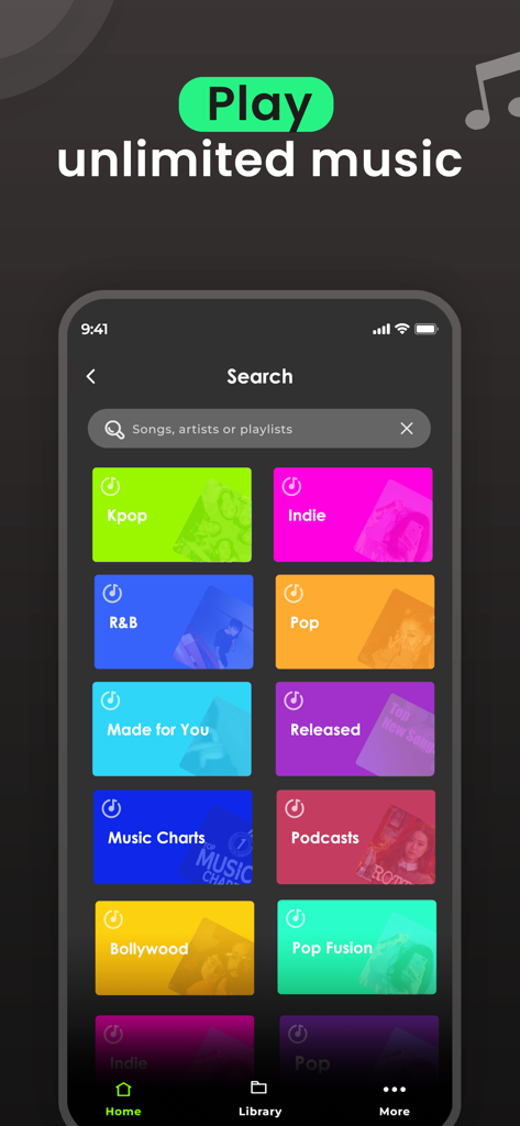 Music Player : Songs Streaming - Interfaz de búsqueda de la aplicación Reproductor de Música mostrando casillas coloridas para géneros como Kpop Indie y R&B