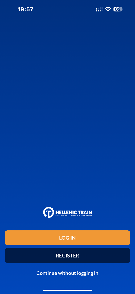 Pantalla de bienvenida de la aplicación Hellenic Train con opciones de inicio de sesión y registro