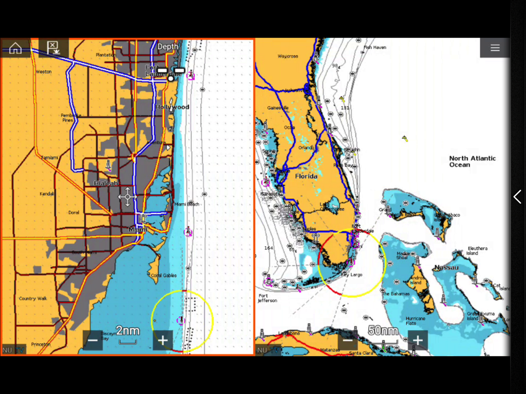 플로리다 및 마이애미 해안선의 분할 화면 차트를 표시하는 RayControl 해양 항해 앱