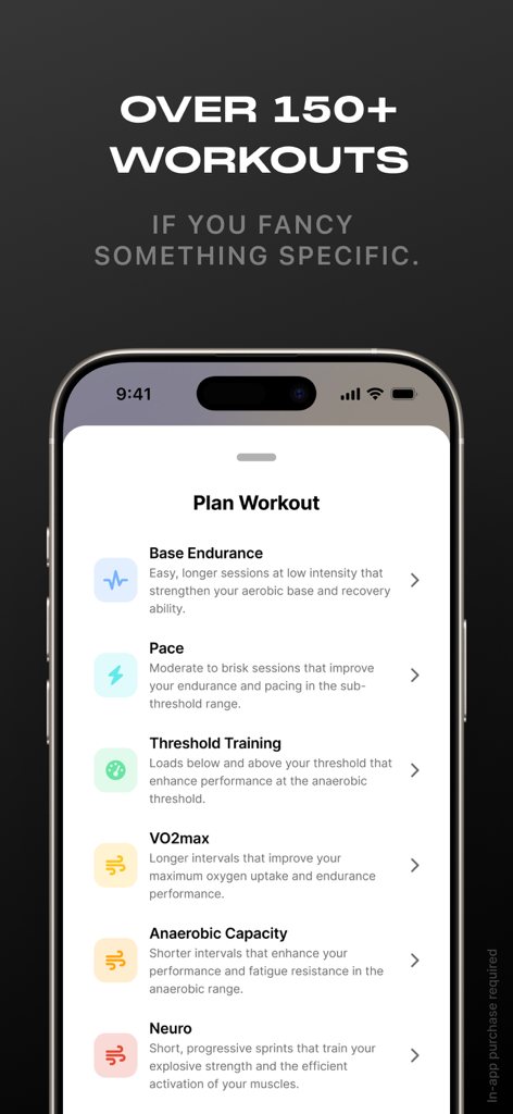 Enduco: Running & Cycling - Una lista de entrenamientos especializados en la aplicación Enduco para correr y andar en bicicleta, incluyendo sesiones de VO2max y resistencia
