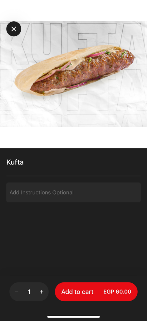 Kufta - Panino kufta alla griglia sullo schermo di ordinazione dell'app Kufta.