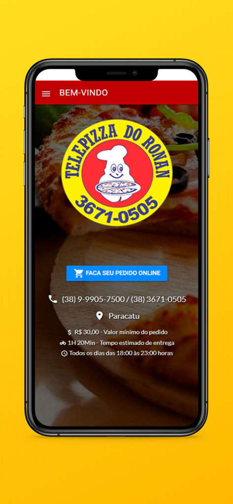 TelePizza do Ronan - Pantalla de bienvenida de la aplicación móvil TelePizza do Ronan con botón de pedido en línea y detalles del restaurante