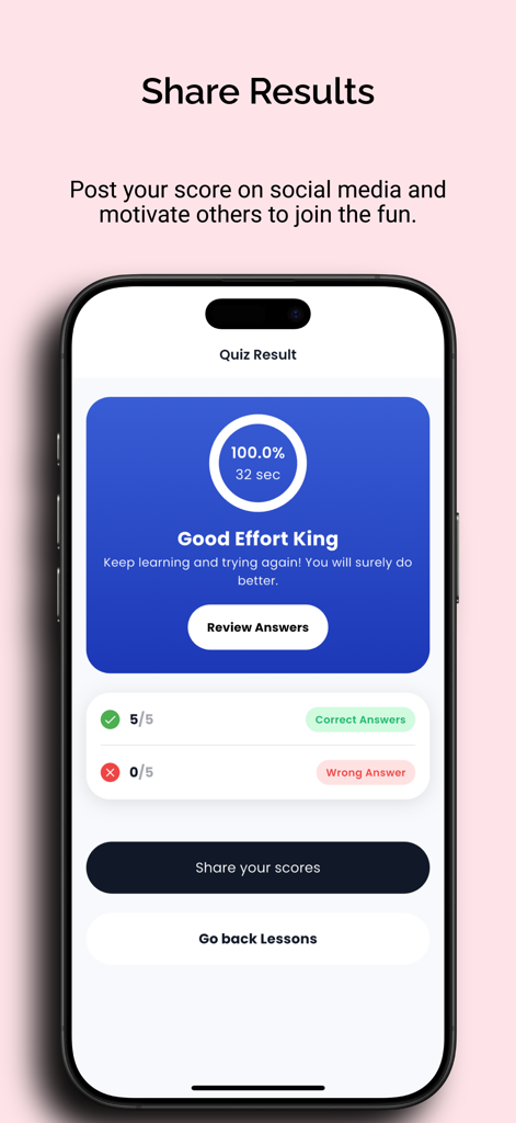 LearnWay: Learn and Earn - LearnWayアプリのクイズ結果画面。100パーセントのスコアと共有オプションが表示されています