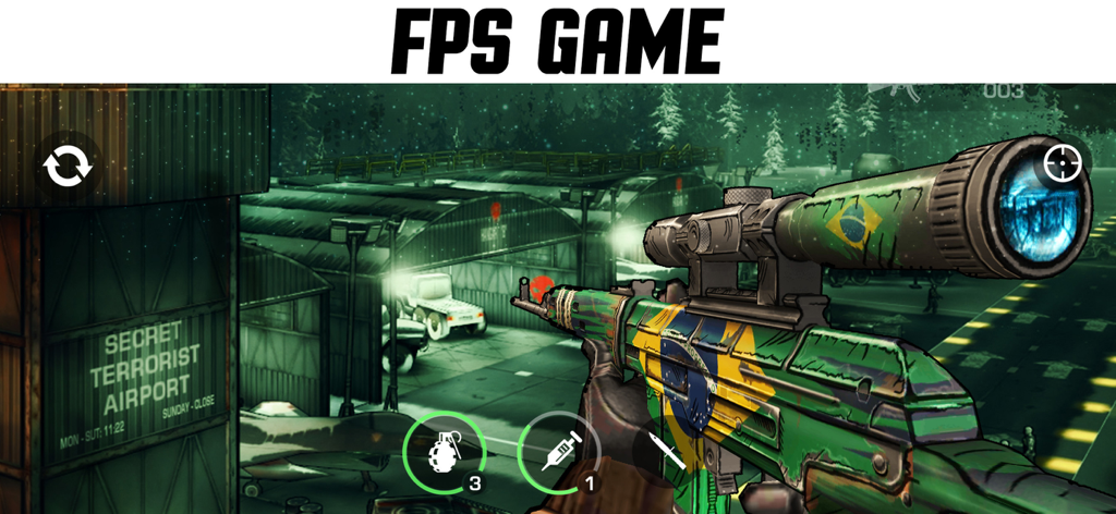 Gun 2 Shooting Game : FPS - Vista em primeira pessoa de um rifle personalizado com uma skin da bandeira do Brasil em um jogo de tiro estilizado em arte de quadrinhos