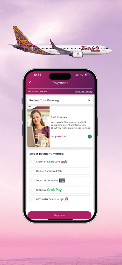 Batik Air mobile app payment interface showing booking summary and various payment methods.