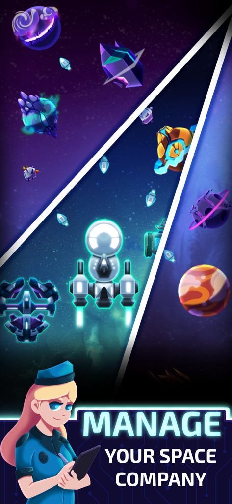 Idle Planet Miner - Schermata di gioco di estrazione spaziale con un personaggio manager e pianeti con il testo Gestisci la Tua Compagnia Spaziale