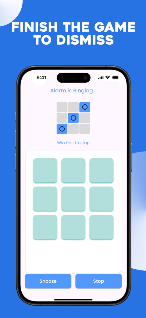 Alarm clock app screen requiring the user to win a Tic Tac Toe game to stop the alarm