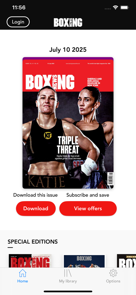 BOXING NEWS. - Schermata principale dell'app Boxing News che mostra la copertina di una rivista digitale con Katie Taylor e Amanda Serrano
