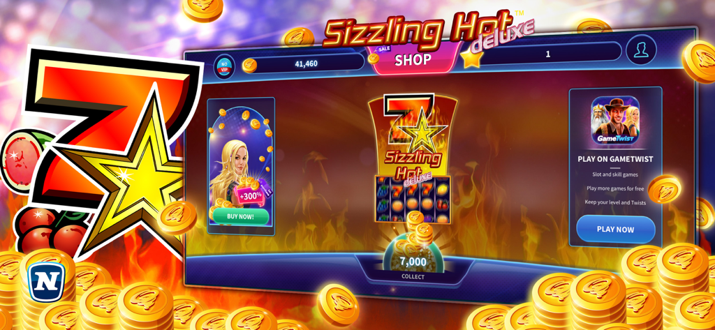 Sizzling Hot™ Deluxe Slot - Tienda dentro del juego de la tragamonedas Sizzling Hot Deluxe que muestra moneda virtual y símbolos del número 7 de la suerte