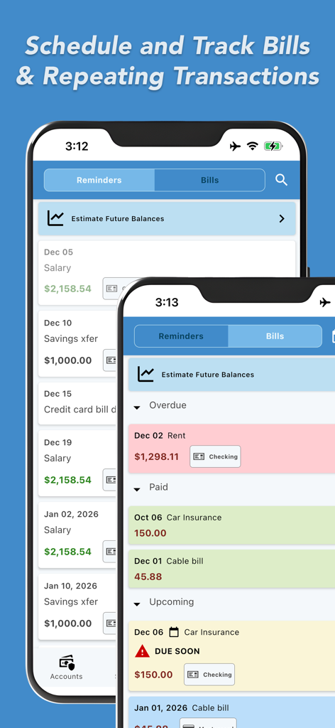 ClearCheckbook mobile app interface for scheduling and tracking bills and recurring transactions