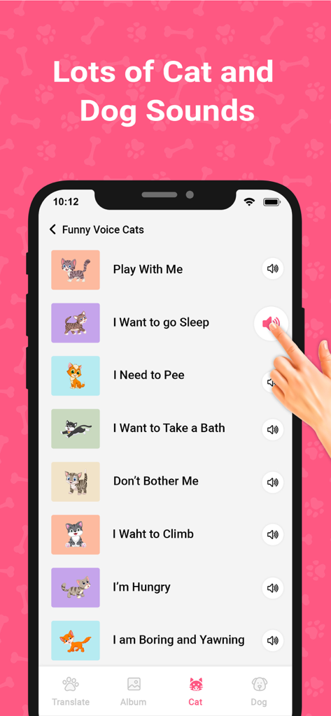 Cat & Dog Translator - Dogify - Interface of Cat and Dog Translator app showing a list of cat sound categories like Play With Me and I Want to go Sleep with a hand tapping a sound icon
