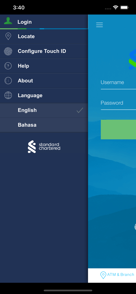 SC Mobile Indonesia - Side menu of the SC Mobile Indonesia app showing login and language selection options