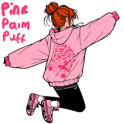 realistic girl jumping with a bun and oversized sweatshirt