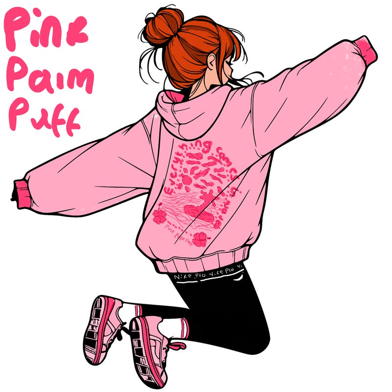 realistic girl jumping with a bun and oversized sweatshirt