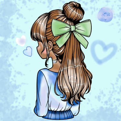realistic girl  with hip length hair a bun and a big bow on the back of head