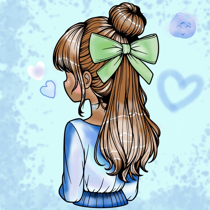realistic girl  with hip length hair a bun and a big bow on the back of head