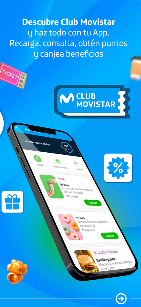 Movistar MX–Tu línea en la App - Movistar MX 앱 화면에 음식 및 엔터테인먼트용 Club Movistar 포인트 및 보상 옵션이 표시됩니다.