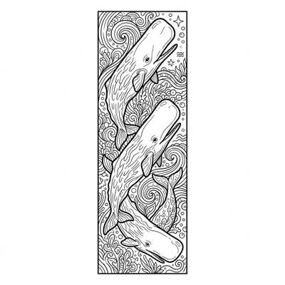 Discover the majestic world of sperm whales with this unique bookmark coloring page. Perfect for ocean lovers, this design features three powerful whales surrounded by detailed marine patterns, ready for your artistic touch.