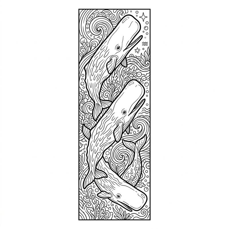 Discover the majestic world of sperm whales with this unique bookmark coloring page. Perfect for ocean lovers, this design features three powerful whales surrounded by detailed marine patterns, ready for your artistic touch.