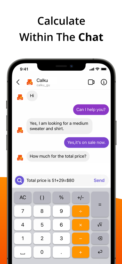 Calculator Keyboard - Calku - A smartphone showing the Calku calculator keyboard being used within a messaging app to calculate a total price directly in the chat window.