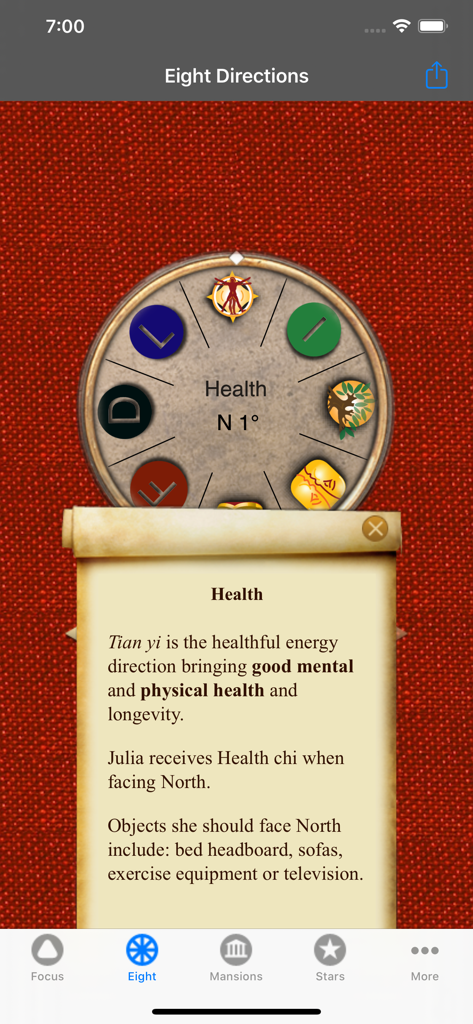 Feng Shui Life Compass - Ein Screenshot der Feng Shui Lebenskompass-App, der Gesundheits-Energie-Richtungen auf einem digitalen Kompass und einer alten Schriftrollen-Oberfläche anzeigt.