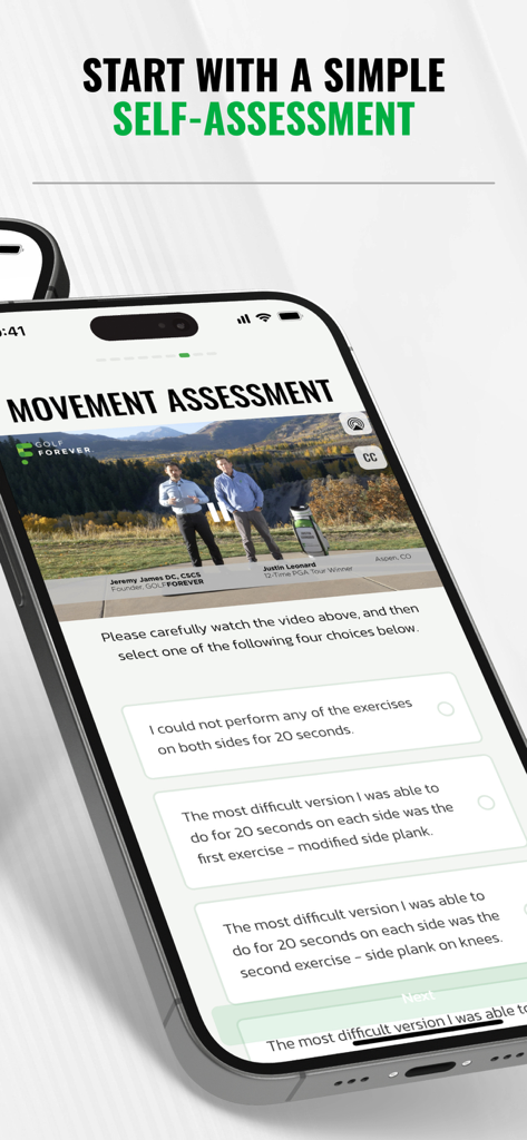 GOLFFOREVER - GOLFFOREVER app movement assessment screen on a smartphone showing a self-test video and multiple choice exercise options.