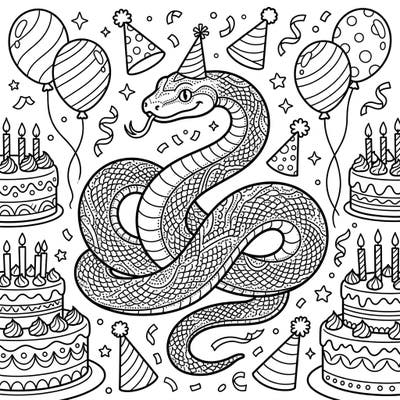 Dive into a unique birthday celebration with our Dot Work Snake coloring page, where intricate patterns meet festive fun. This full-page design features a party-ready snake amidst cakes, balloons, and confetti, ready for your artistic touch.