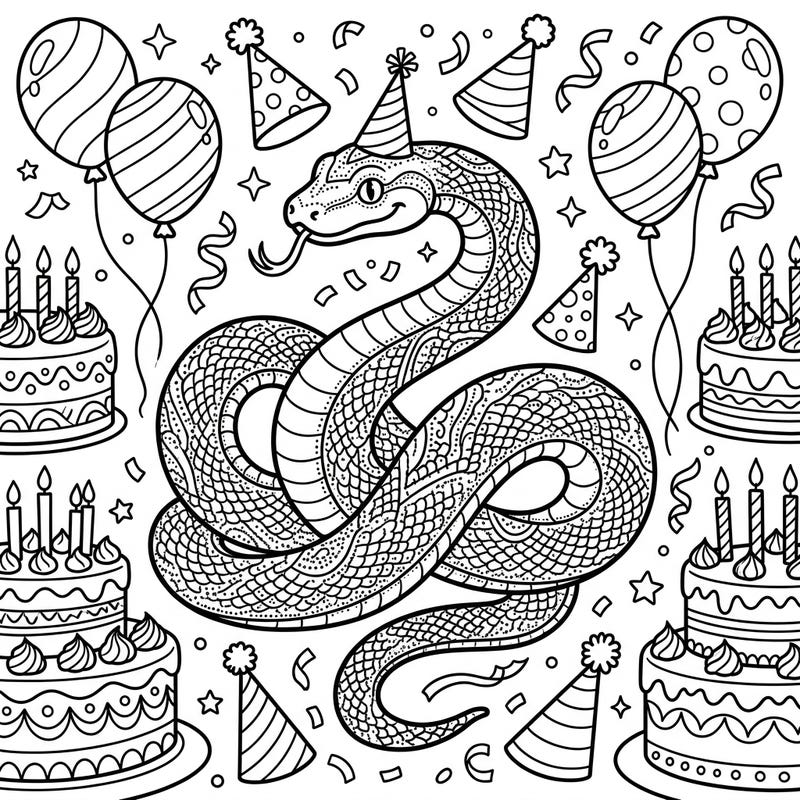 Dive into a unique birthday celebration with our Dot Work Snake coloring page, where intricate patterns meet festive fun. This full-page design features a party-ready snake amidst cakes, balloons, and confetti, ready for your artistic touch.